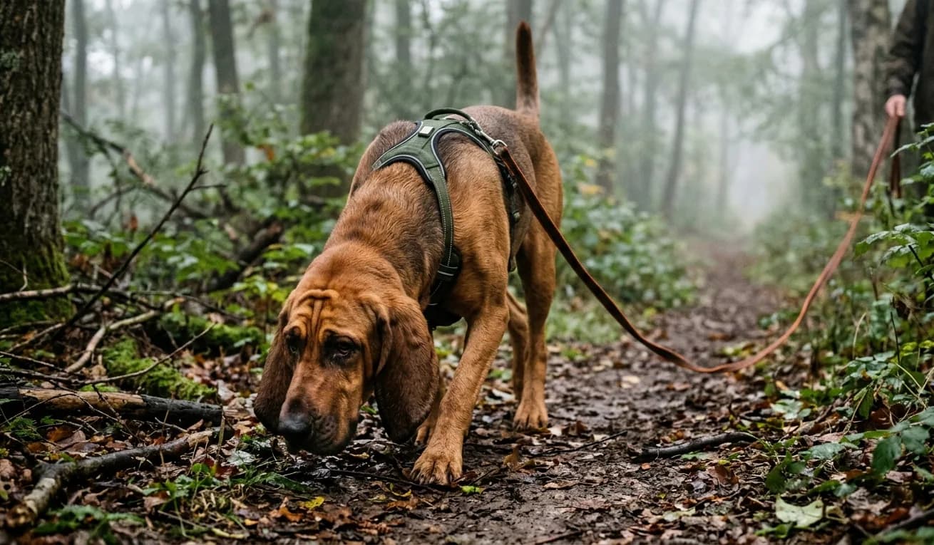 Bluthund folgt mit Trailing-Geschirr einer Geruchsspur im nebligen Waldweg.