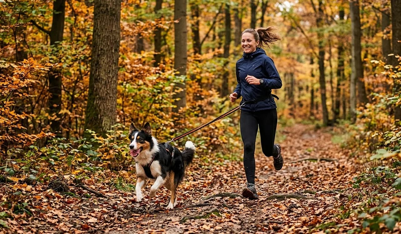 Läuferin trainiert Canicross mit ihrem Border Collie im Herbstwald.
