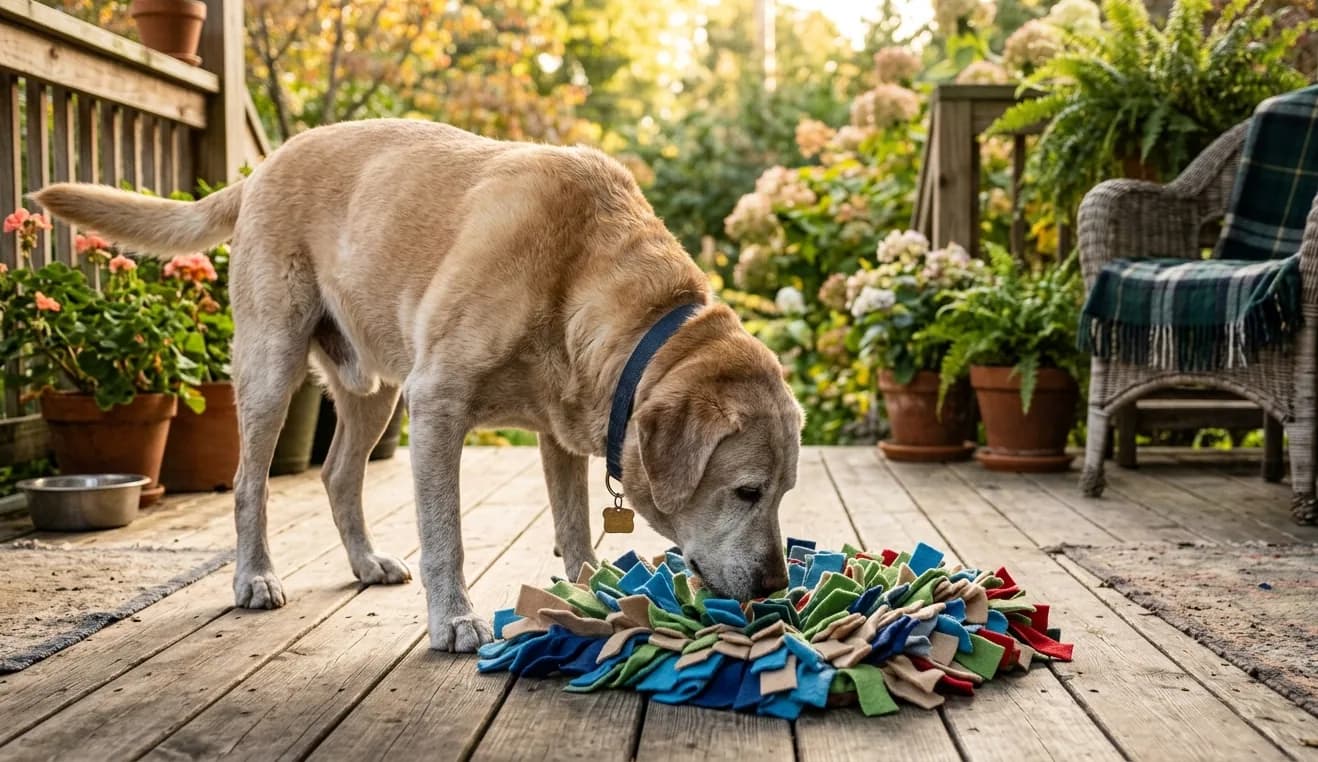 Grauschnäuziger Senior-Labrador beschäftigt sich entspannt mit einer Schnüffelmatte.