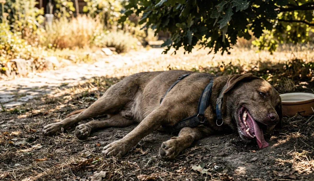 Hund hechelt stark bei großer Hitze im Schatten