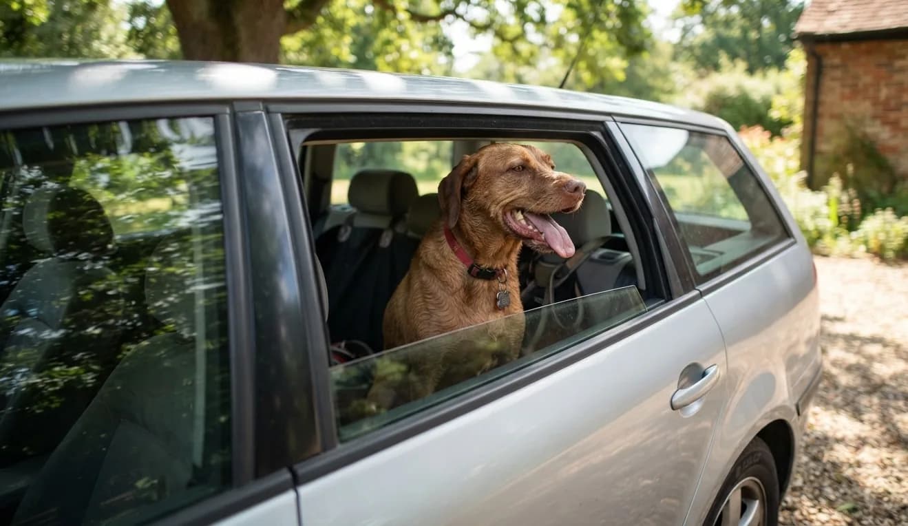 Hund schaut aus dem Fenster eines in der Sonne geparkten Autos