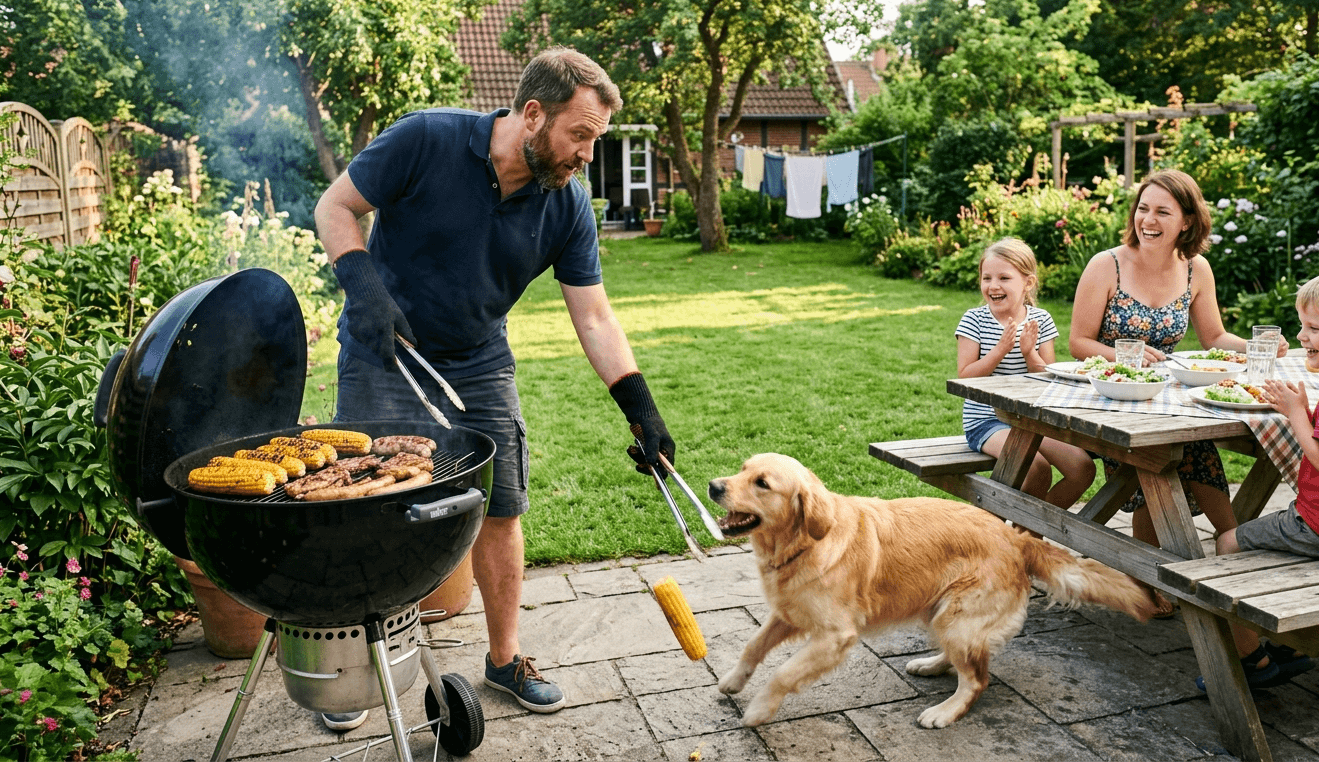 Hund sitzt erwartungsvoll neben einem sommerlichen Grilltisch im Garten