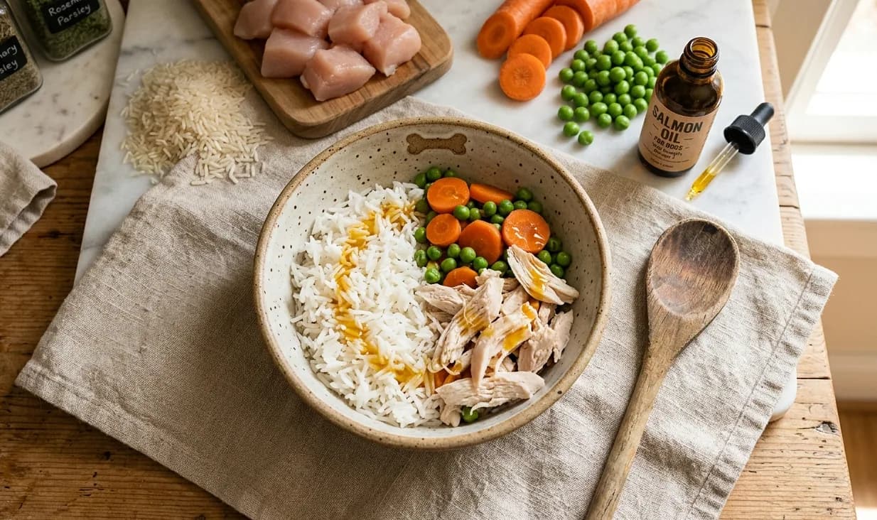 Schüssel mit Reis, Hühnchen, Karotten und Erbsen – ausgewogene Basis-Zusammensetzung für selbst gekochtes Hundefutter.