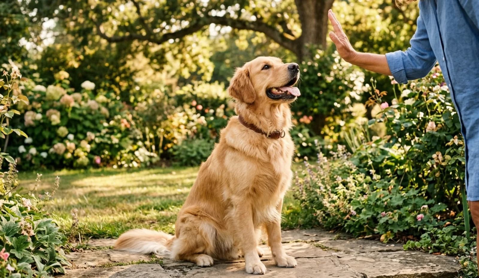 Aufmerksamer Hund sitzt konzentriert vor seiner Bezugsperson – Grundkommando „Sitz".