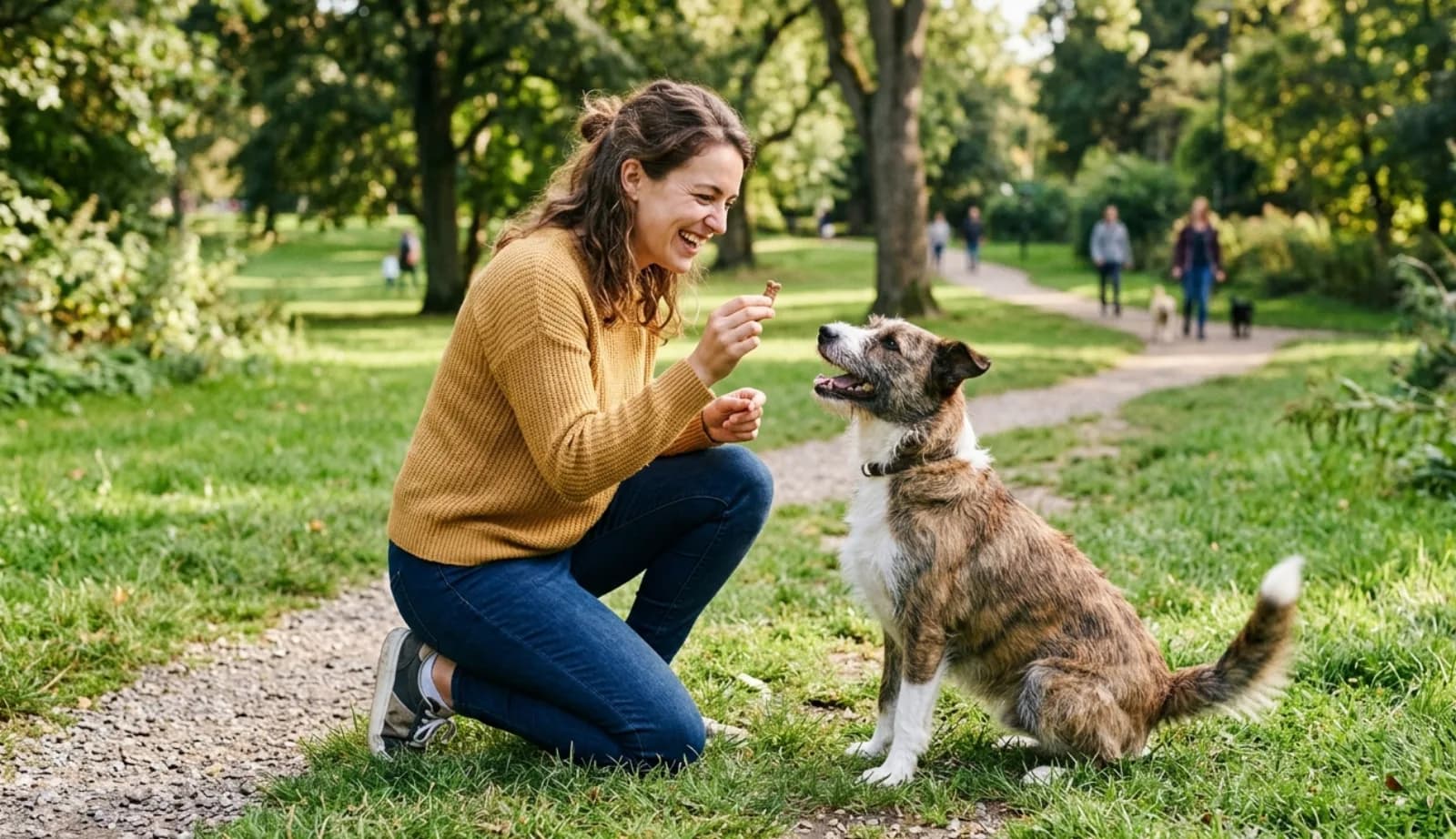 Frau belohnt ihren Hund freudig mit einem Leckerli – positive Verstärkung in der Praxis.