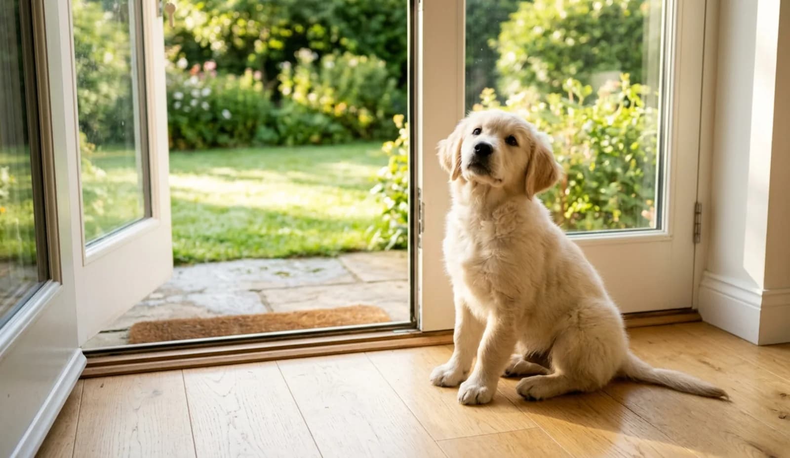 Welpe sitzt erwartungsvoll an der offenen Tür zum Garten – Stubenreinheits-Training.