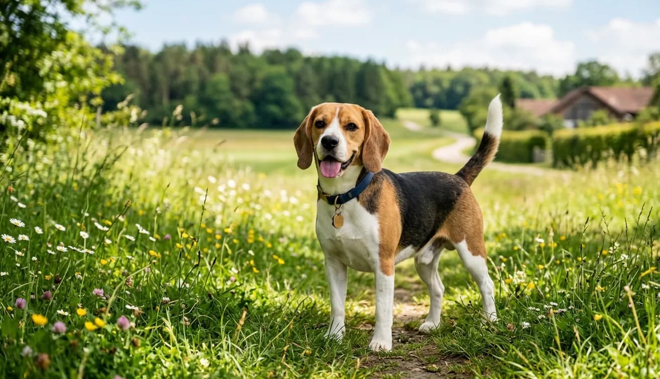 Beagle sitzt auf einem Waldweg im Herbst und schaut aufmerksam in die Kamera