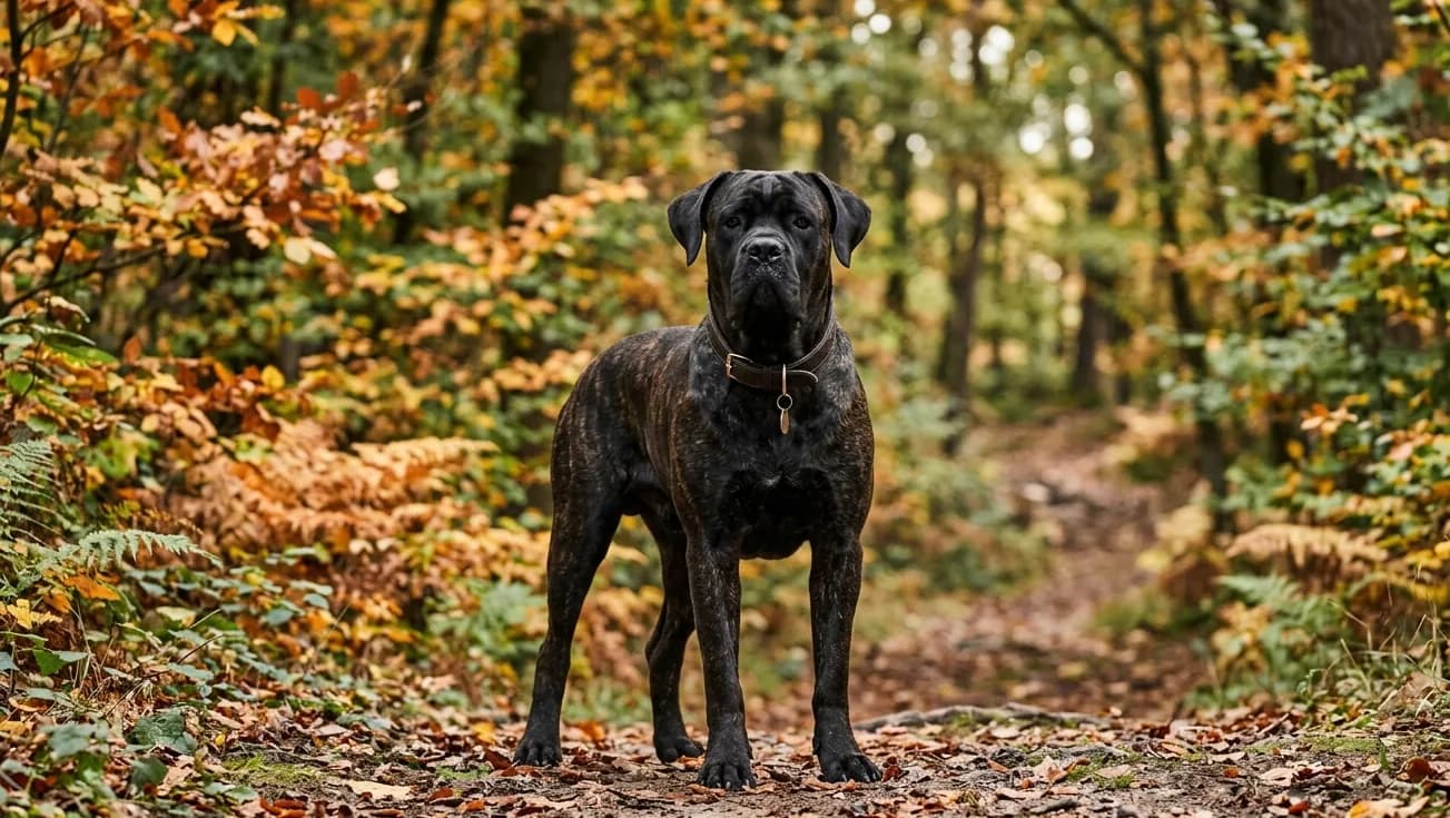 Cane Corso steht majestätisch auf einem herbstlichen Waldweg