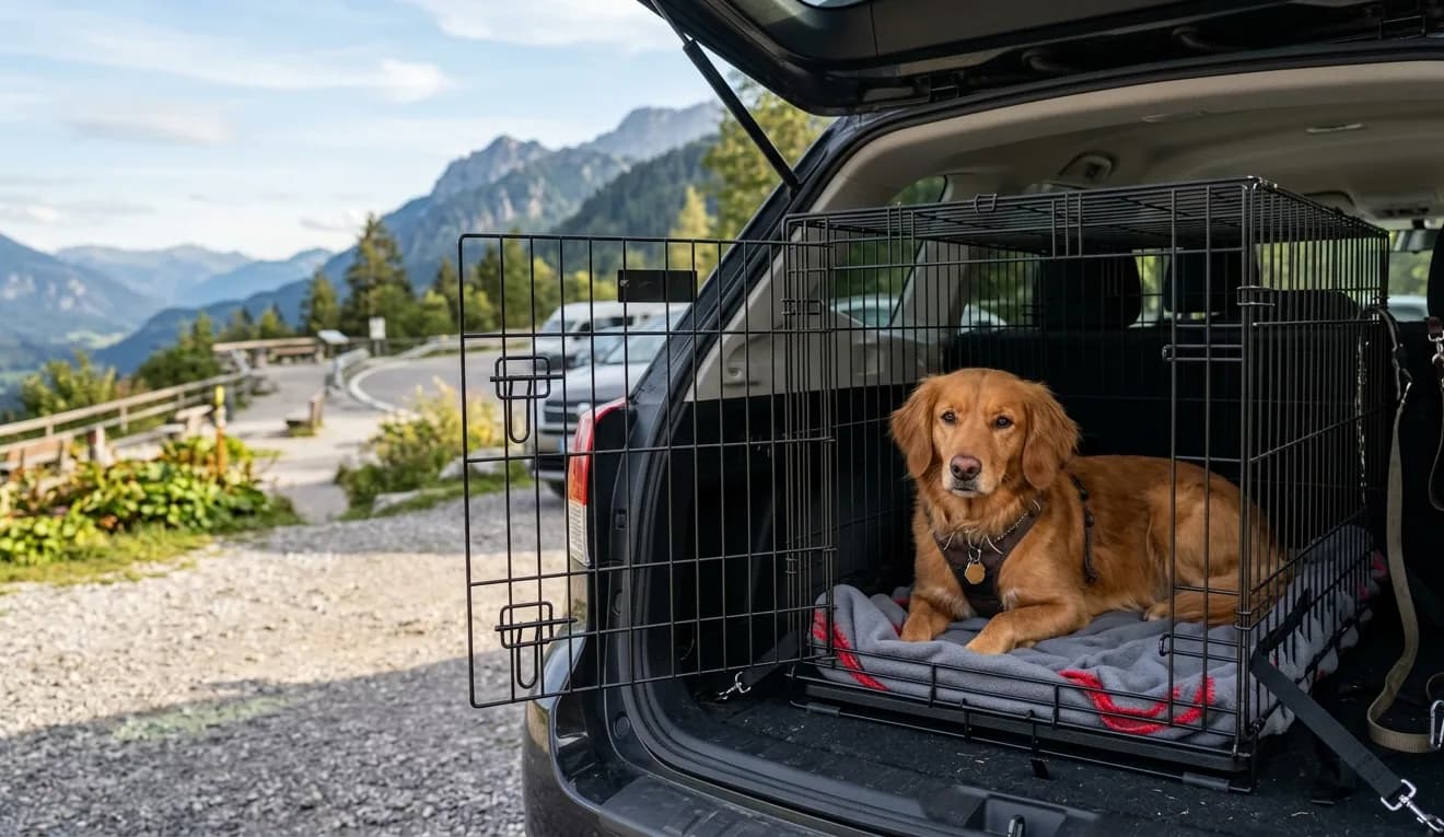 Hund liegt sicher in einer geöffneten Transportbox im Kofferraum eines SUV.