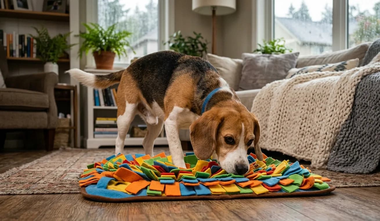Beagle sucht konzentriert Leckerlis in einer bunten Schnüffelmatte.