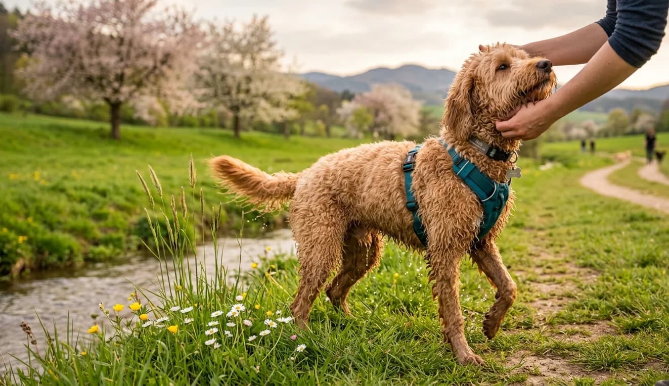 Hund spielt fröhlich zwischen Kirschblüten und Frühlingsblumen auf der Wiese.