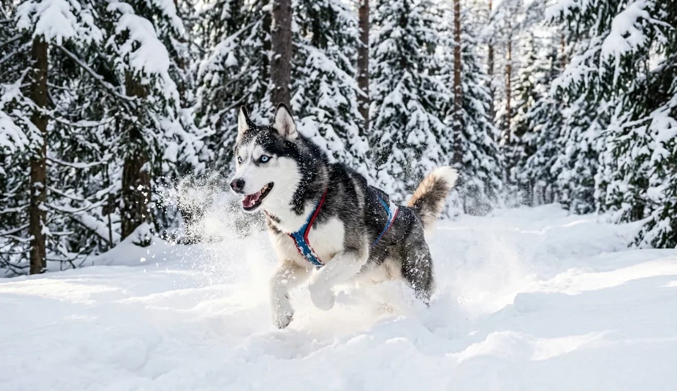 Husky springt voller Freude durch frischen Schnee im Winterwald.