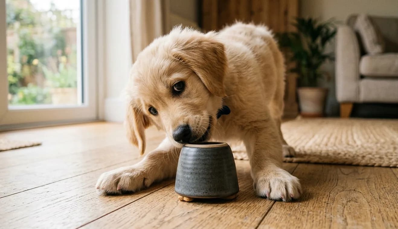 Golden-Retriever-Welpe schnuppert neugierig an einem Suchspiel.