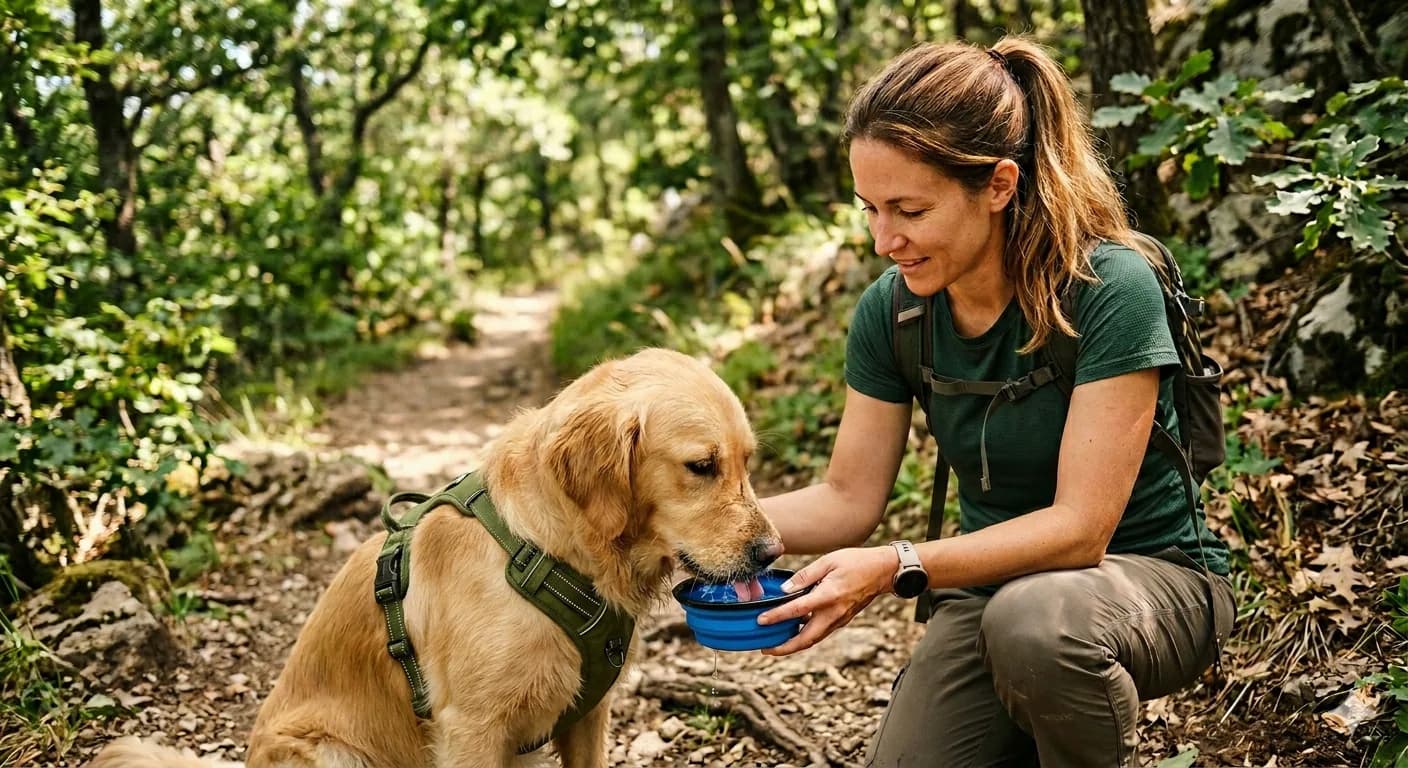 Hund trinkt unterwegs Wasser aus einem faltbaren Reisenapf.