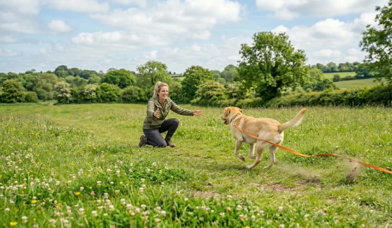 Hund kommt freudig über eine grüne Wiese zu seinem rufenden Menschen zurück.