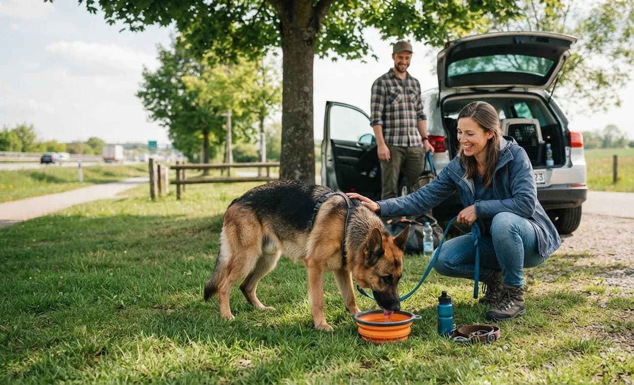 Hund trinkt bei einer Pause am Rastplatz aus einem Reisenapf