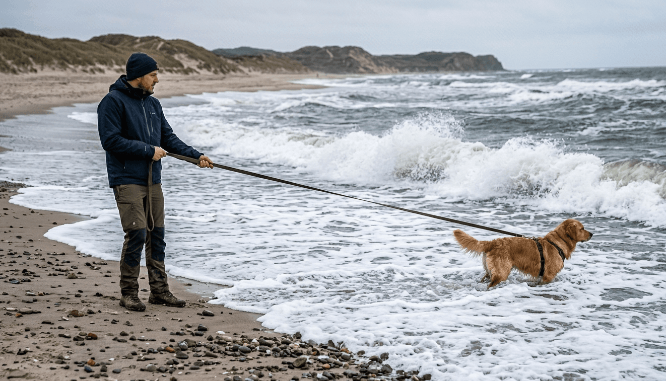 Hund springt fröhlich in einen Badesee