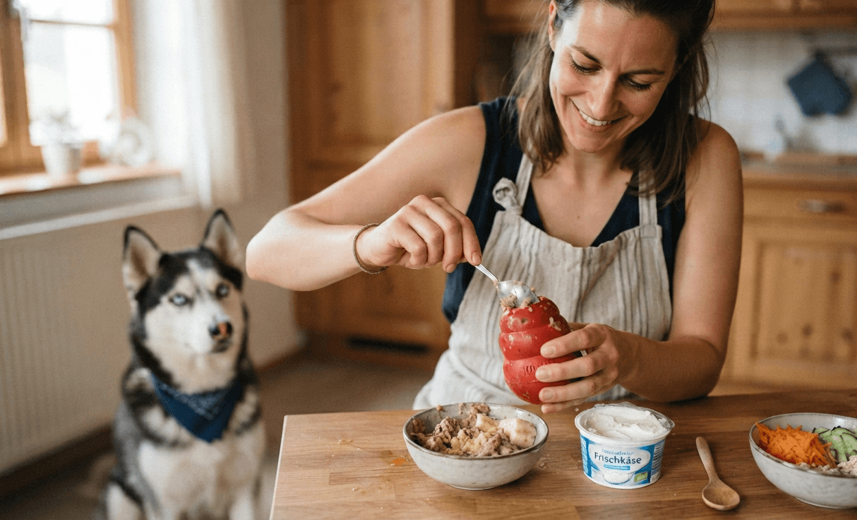 Mit Frischkäse und Banane gefüllter Kong für Hunde