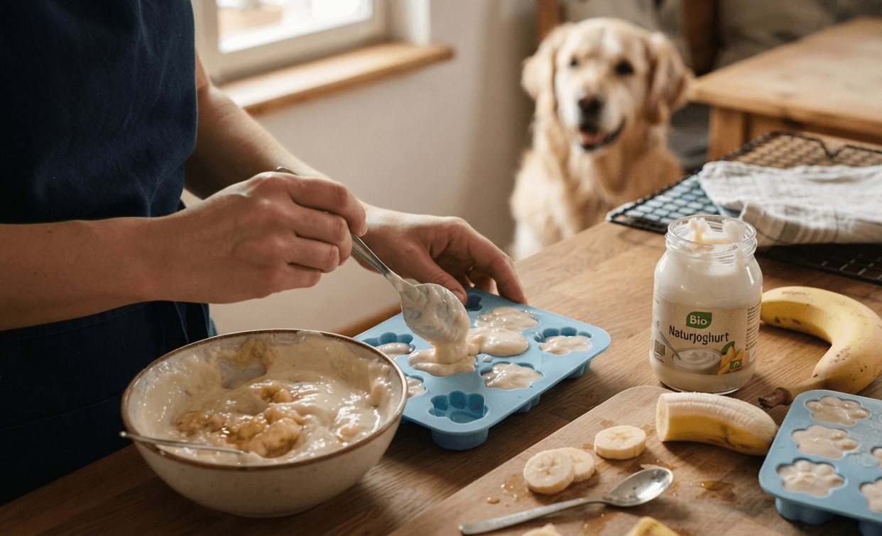 Selbst gemachtes Hundeeis mit Joghurt und Banane in einer Eiswürfelform