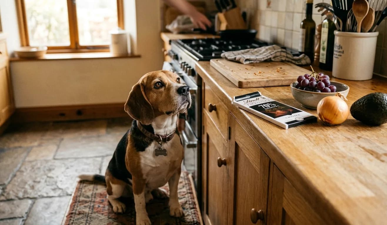 Hund in der Küche neben Schokolade, Weintrauben und Zwiebeln – Lebensmittel, die für Hunde giftig sind.