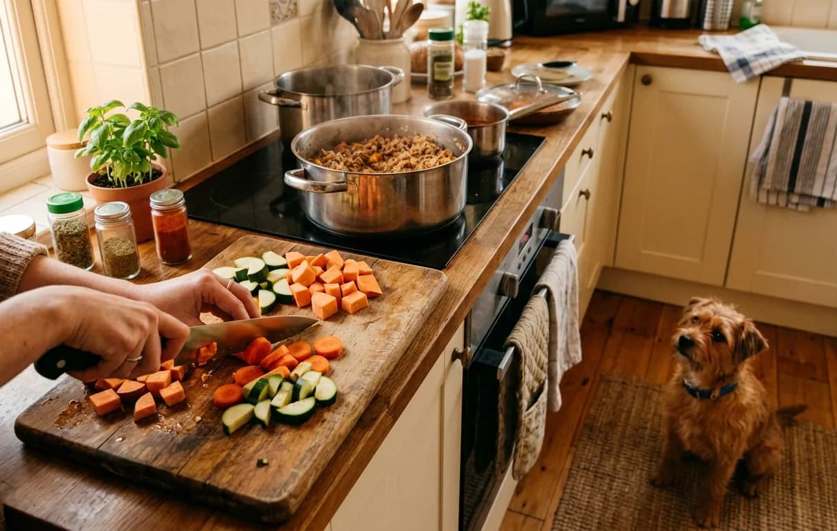 Frisch gekochtes Hundefutter mit Fleisch, Gemüse und Reis – selbst zubereitet für den Hund.
