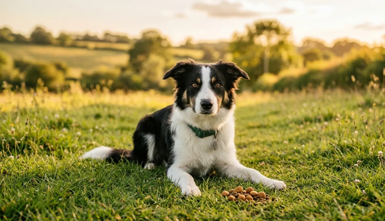 Border Collie liegt konzentriert auf einer Wiese und übt das Kommando „Platz/Bleib".