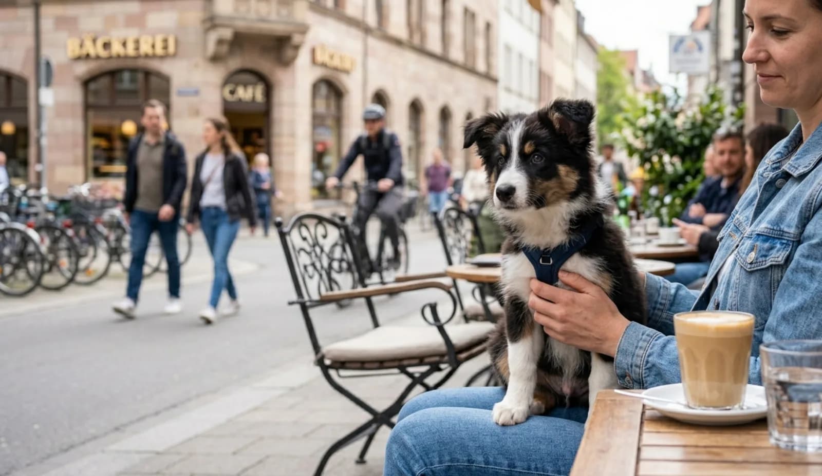 Ruhiger Welpe sitzt auf dem Schoß seiner Bezugsperson in einem Outdoor-Café und beobachtet die Umgebung neugierig.