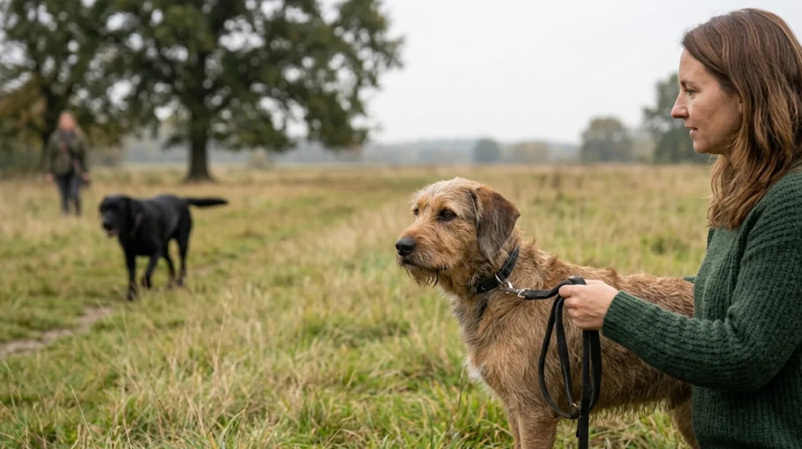 Reaktiver Hund an der Leine hält sicheren Abstand zu einem anderen Hund – kontrolliertes Antrainieren von Gelassenheit.