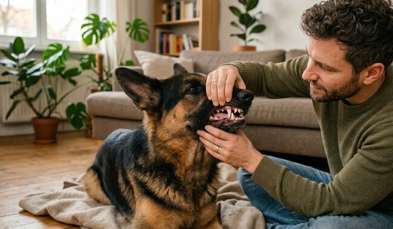 Zähne eines Hundes werden mit Zahnbürste gepflegt.