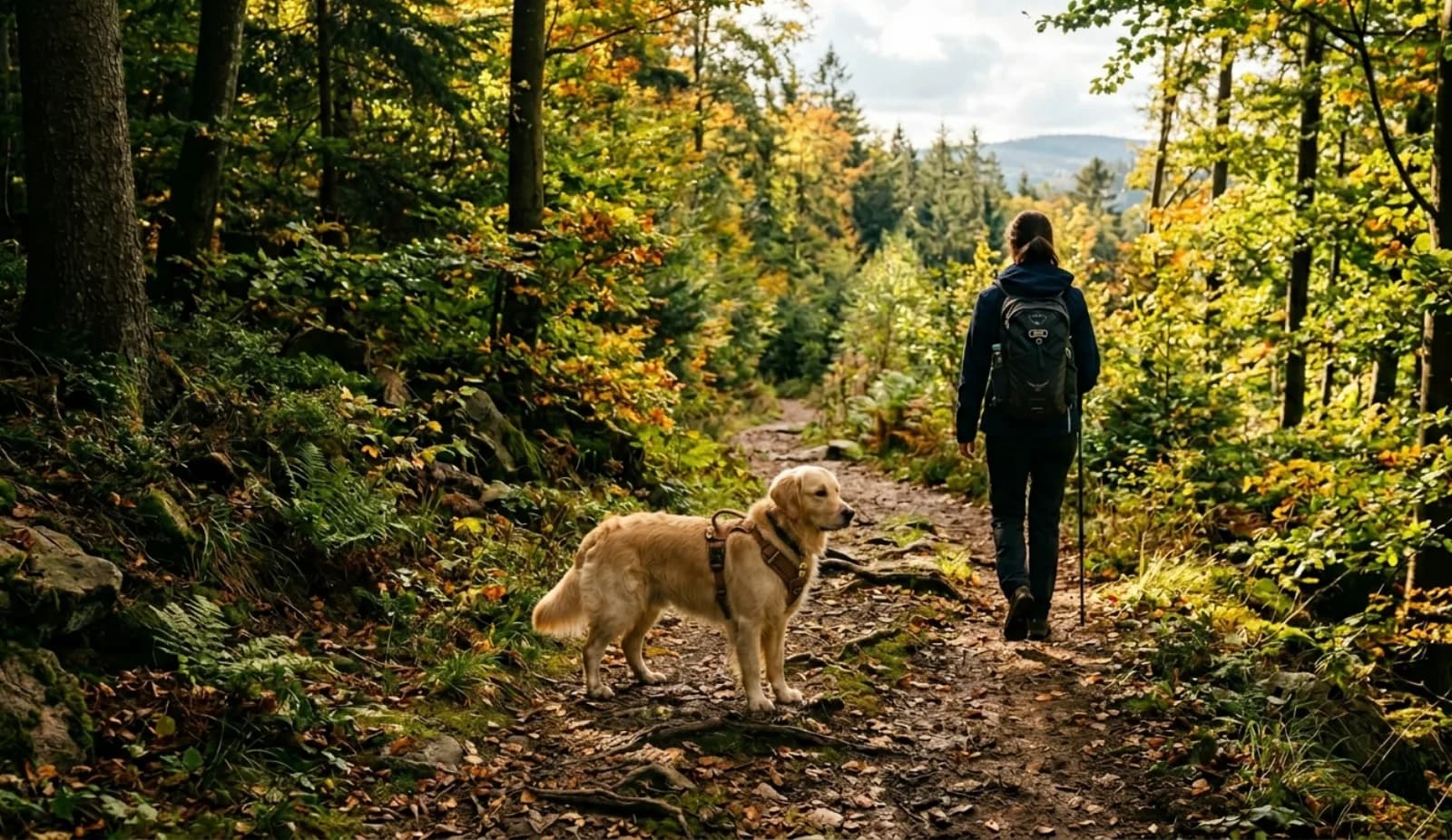 Hund auf einem sonnigen Waldwanderweg im Mittelgebirge – Wanderurlaub mit Hund im Harz.