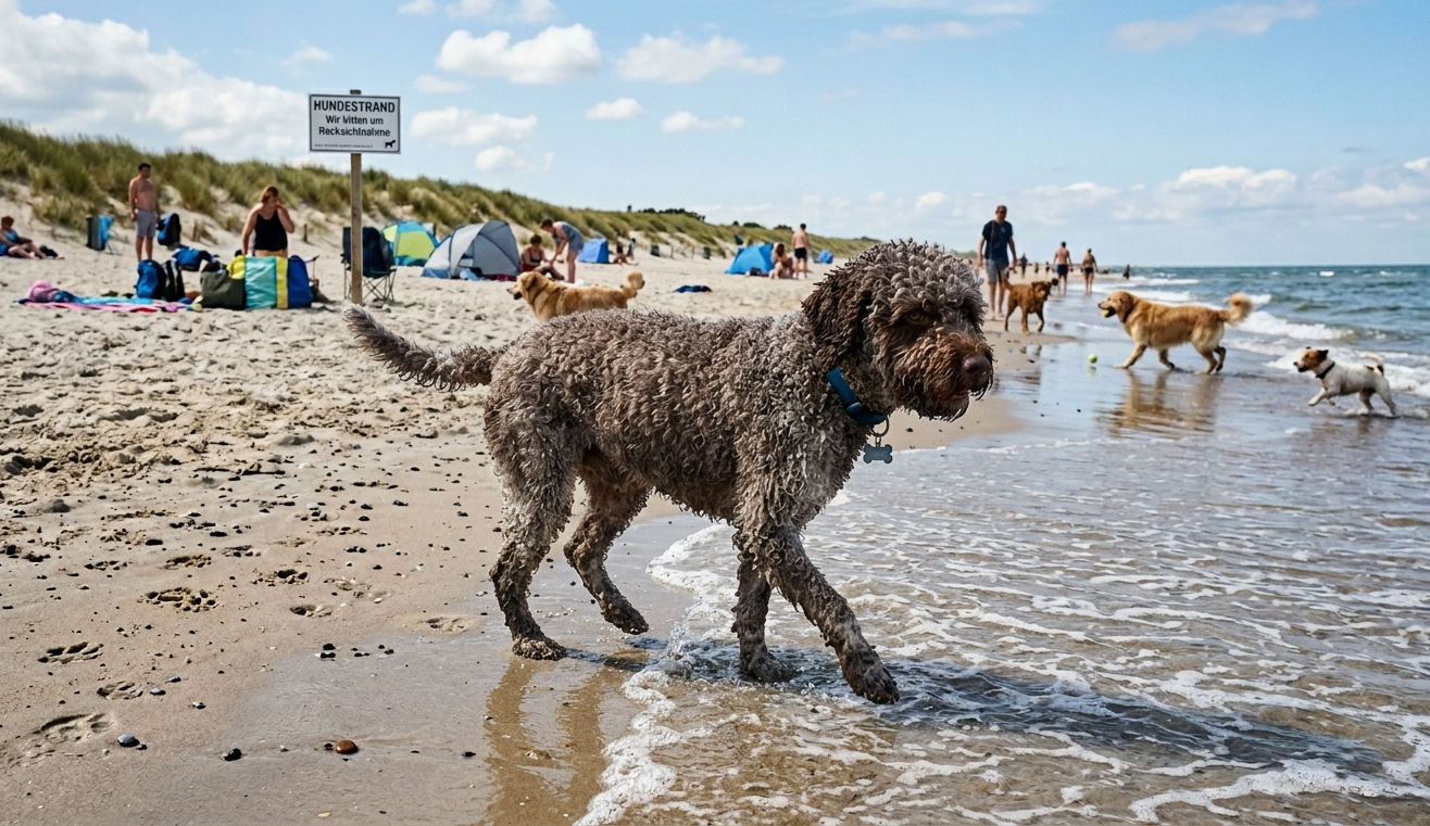 Hunde toben an einem ausgewiesenen Hundestrand