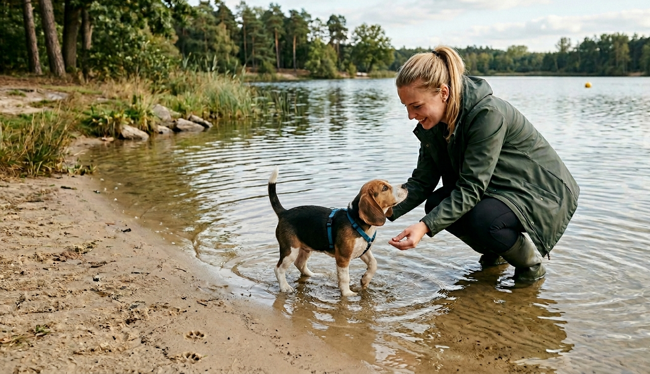 Hund wird im flachen Wasser geduldig ans Schwimmen gewöhnt