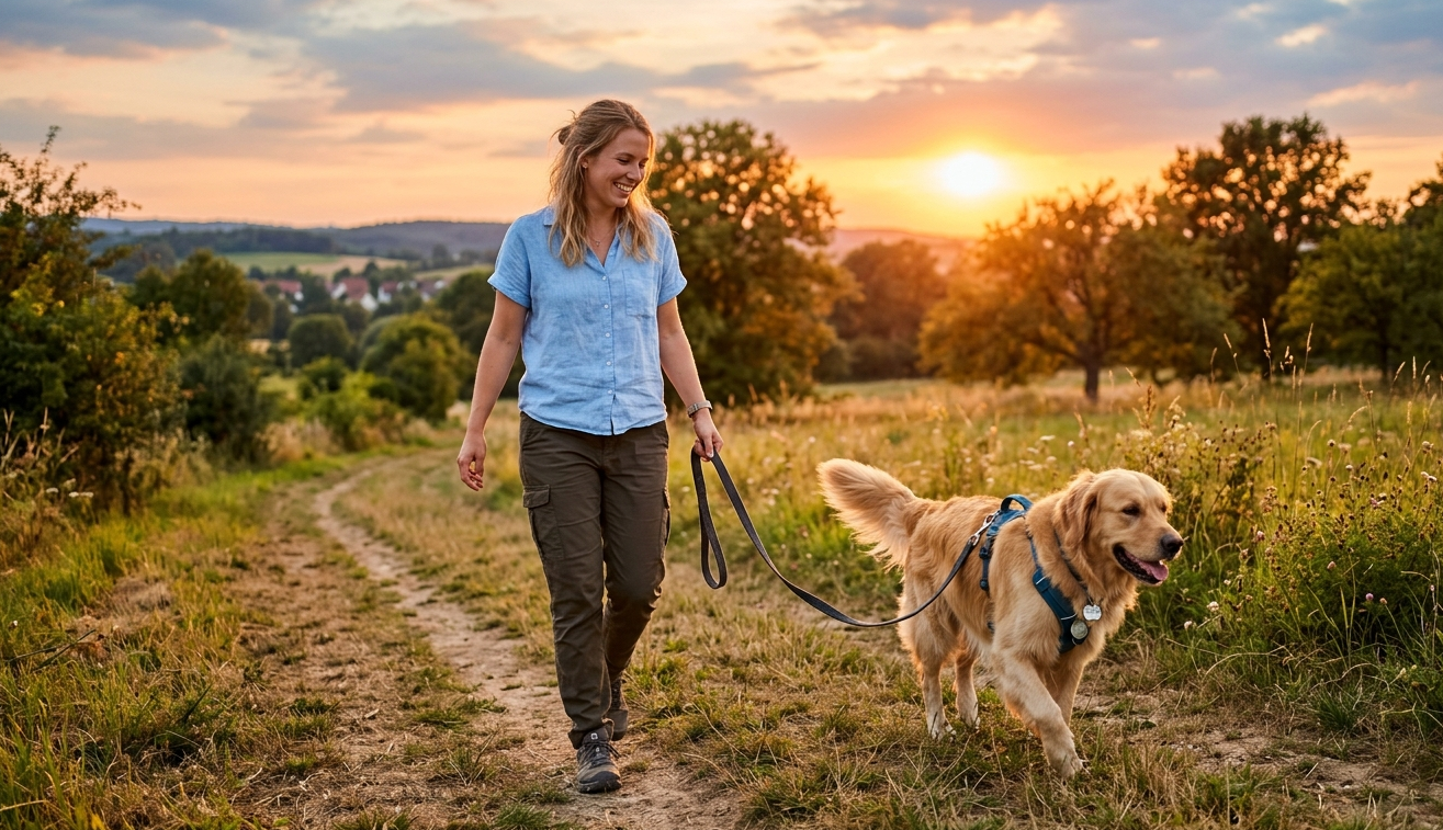 Entspannter Abendspaziergang mit Hund bei kühleren Temperaturen