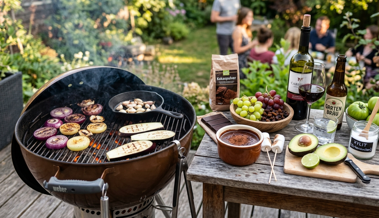 Für Hunde giftige Grill- und Party-Lebensmittel wie Zwiebeln, Schokolade und Trauben