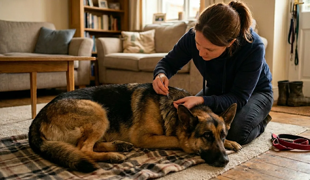 Hund wird nach dem Gassigang gründlich nach Zecken abgesucht