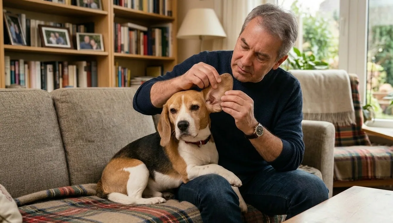 Beagle wird von seinem Besitzer auf der Couch liebevoll an den Ohren gepflegt