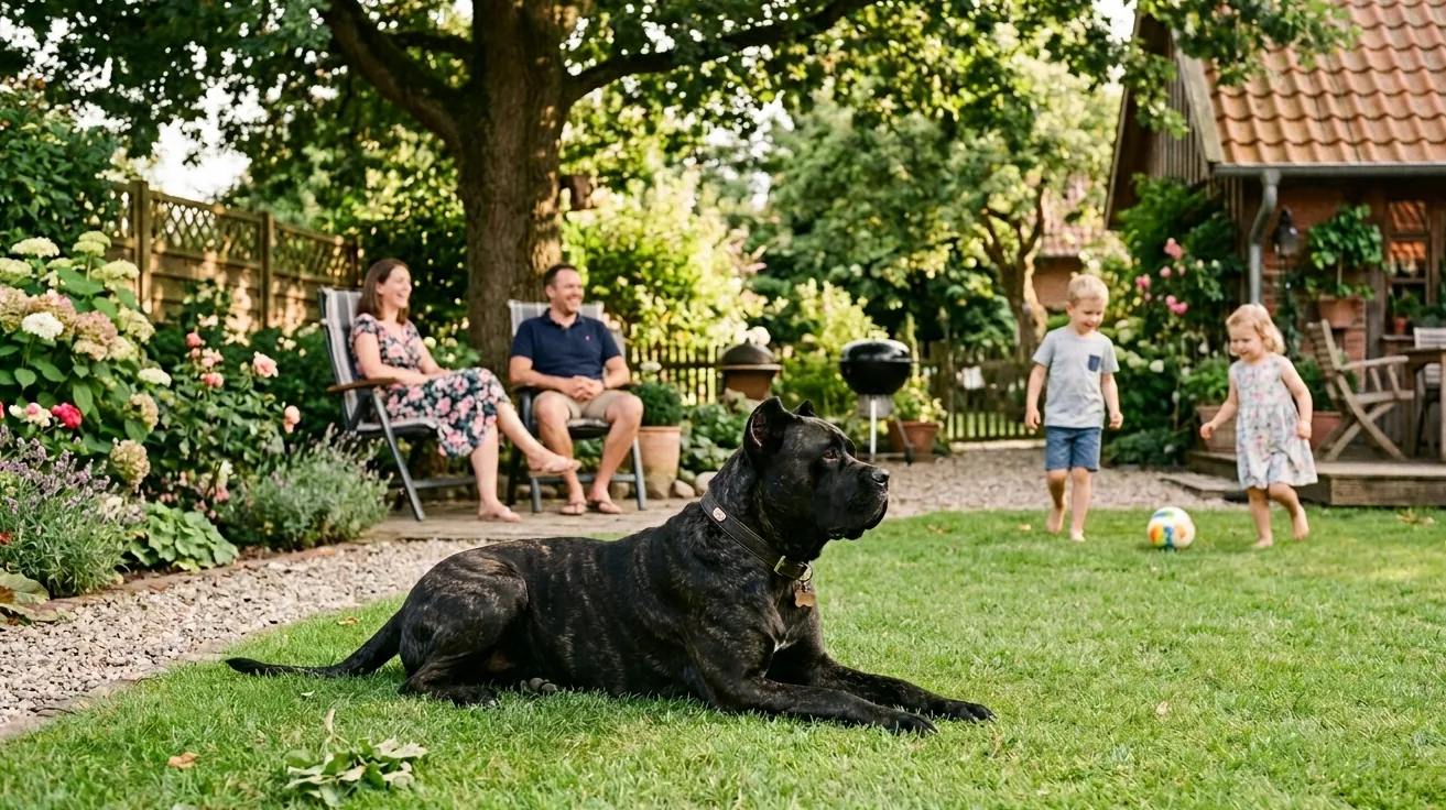 Cane Corso liegt entspannt im Garten während eine Familie mit Kindern im Hintergrund spielt