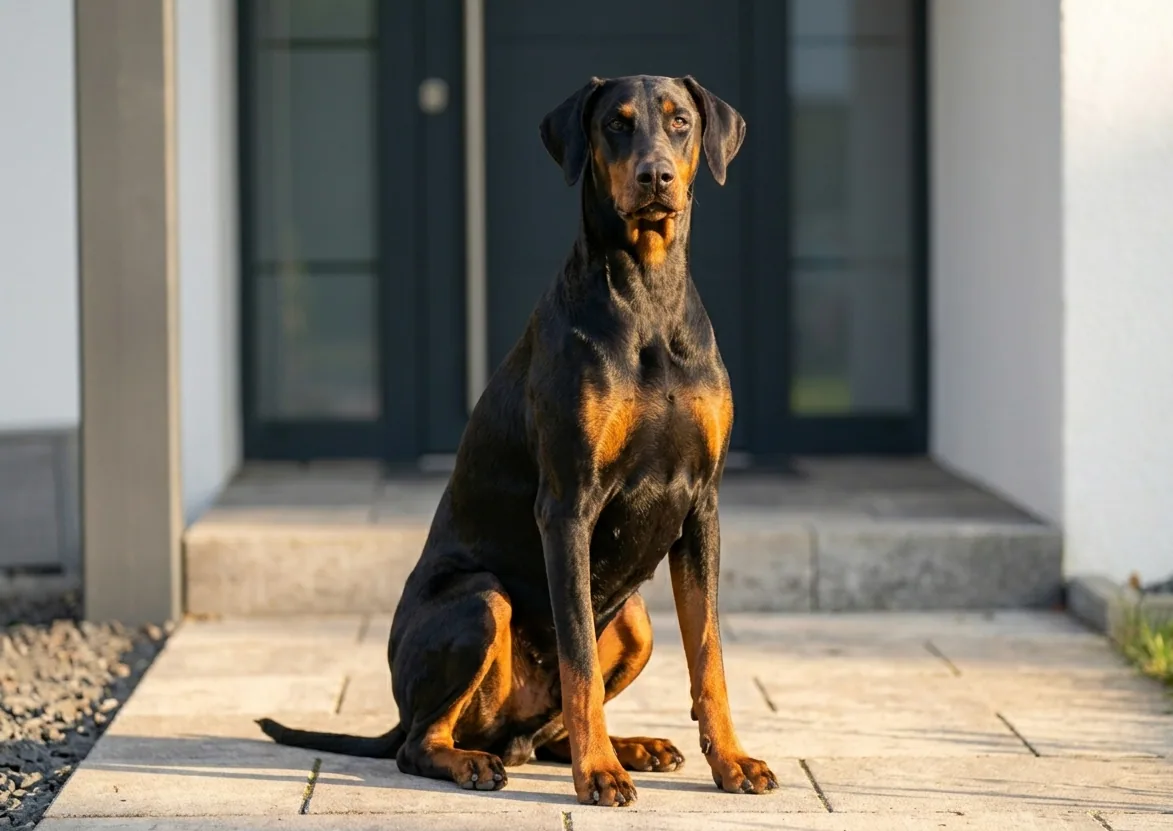 Dobermann in eleganter Pose – sein athletischer Körperbau strahlt Kraft und Anmut aus