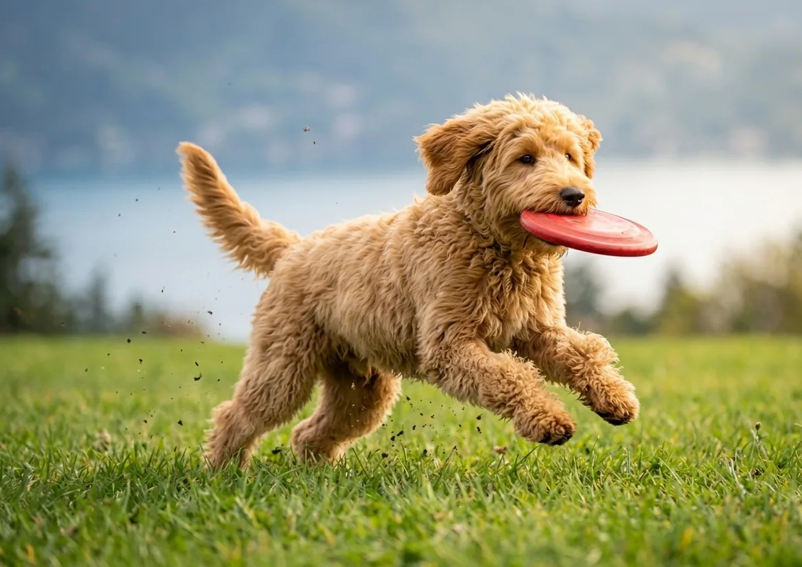Goldendoodle mit lockigem goldenem Fell – freundlich und aufgeschlossen