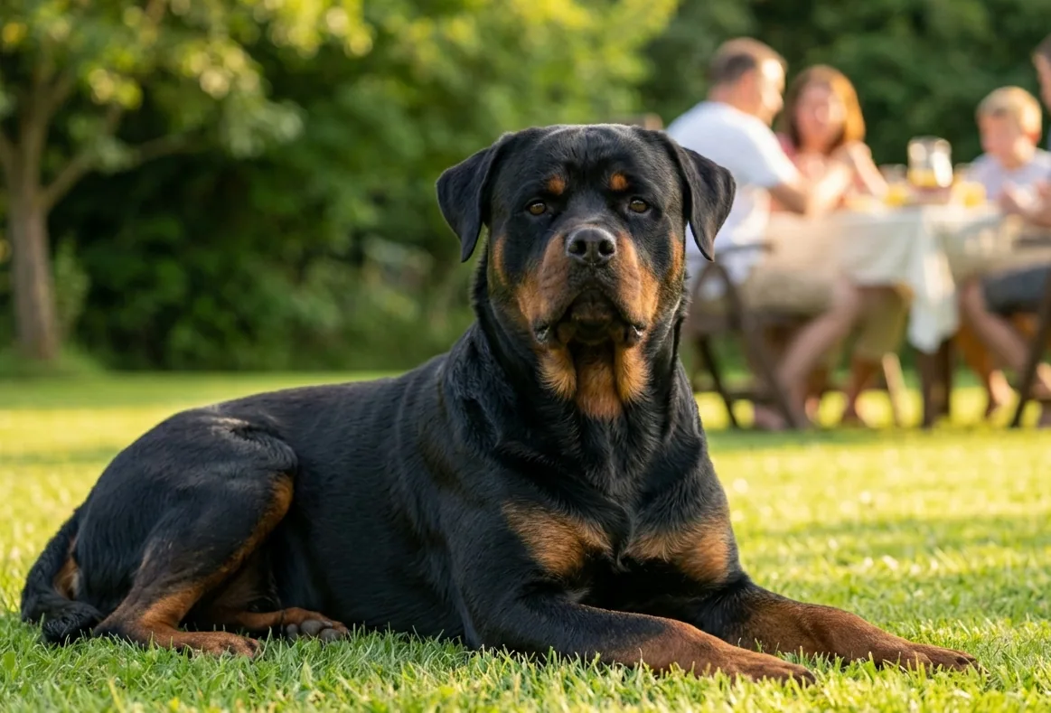 Rottweiler mit aufmerksamem Blick – sein ruhiges Selbstbewusstsein ist typisch für die Rasse
