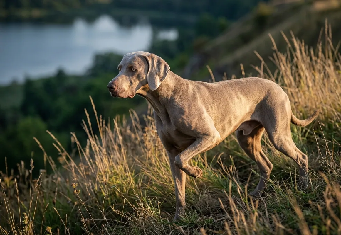 Weimaraner beim Laufen – sein athletischer Körperbau zeigt sich in jeder Bewegung